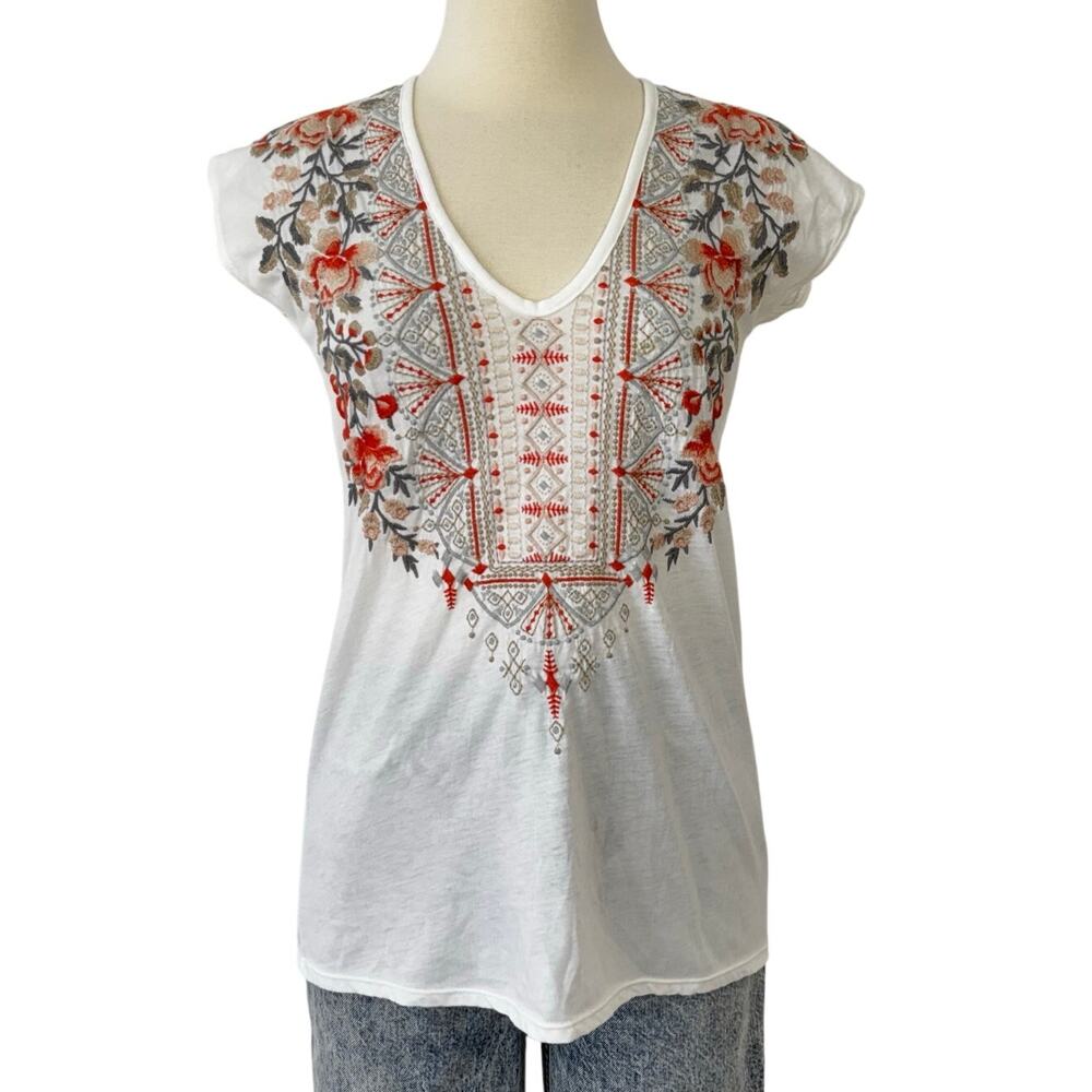 Johnny Was Embroidered Top Tunic Cap Sleeve T-Shirt White Multi XS
